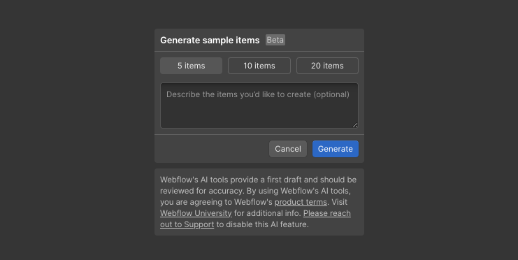 AI-Generated Sample Items in Webflow